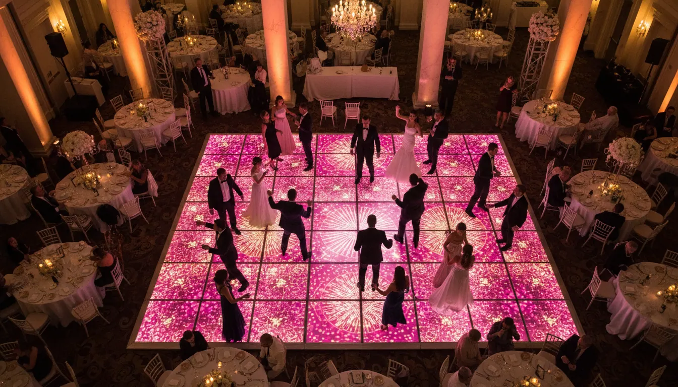 Vue aérienne piste de danse LED mariage — taille et surface idéale, couples dansant sur dalles lumineuses, réception premium Flash Events