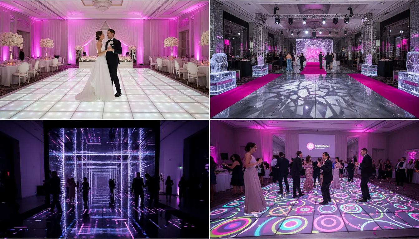 Comment choisir sa piste de danse LED ? 2 Comparatif 4 modèles piste de danse LED — Pixel Floor classique, Ice Floor miroir givré, Infinity Floor tunnel infini, Interactive Floor réactif — Flash Events