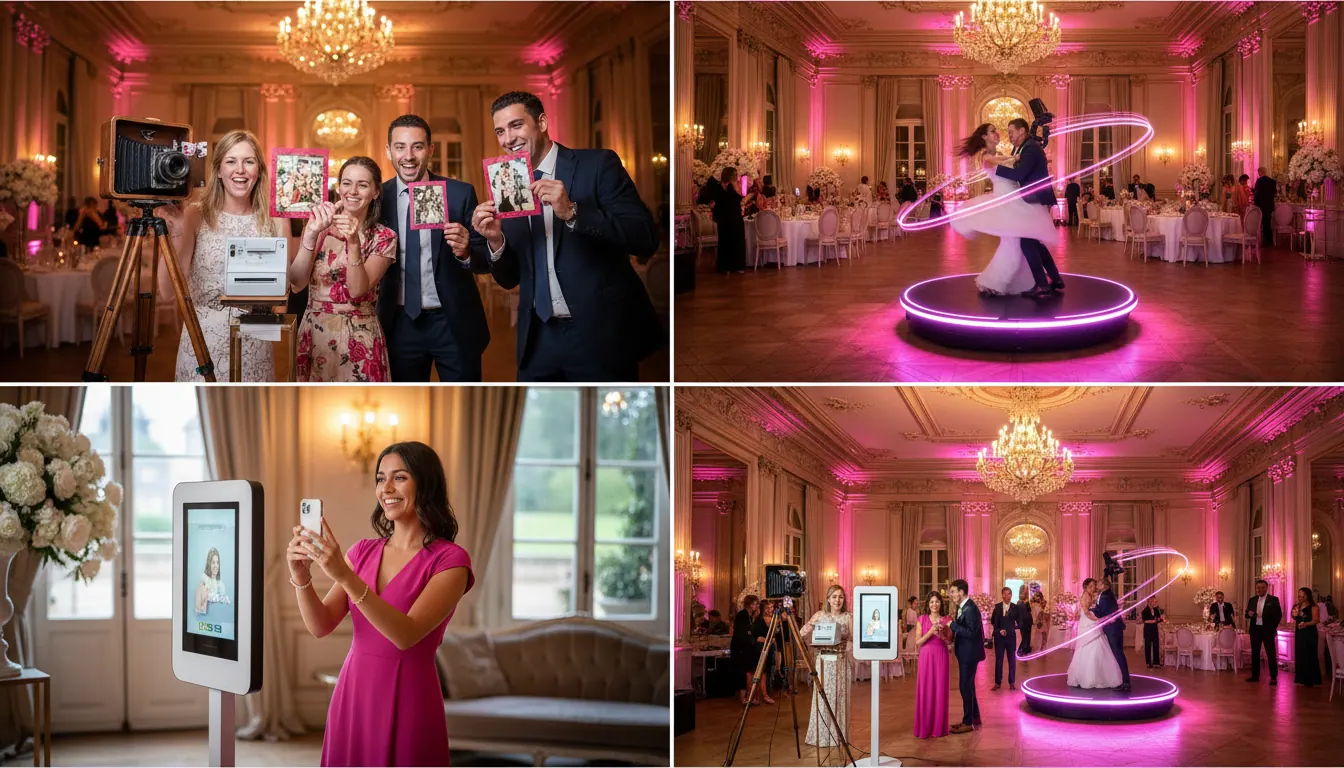 4 types de photobooth mariage — classique impressions, 360° slow-motion, borne selfie, pack combiné — comparatif visuel Flash Events