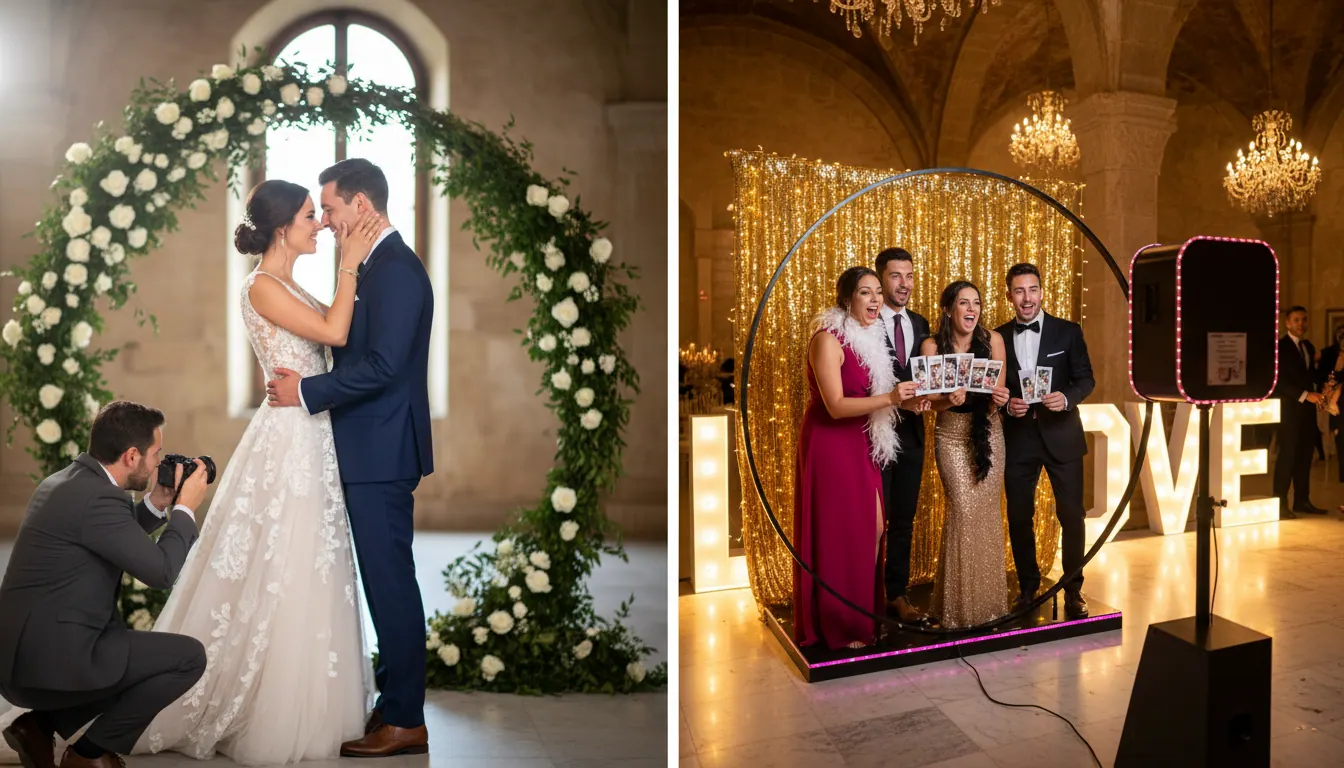 Photobooth ou photographe mariage — comparatif split scene : photographe capturant l'émotion à gauche, invités animés par le photobooth à droite — Flash Events