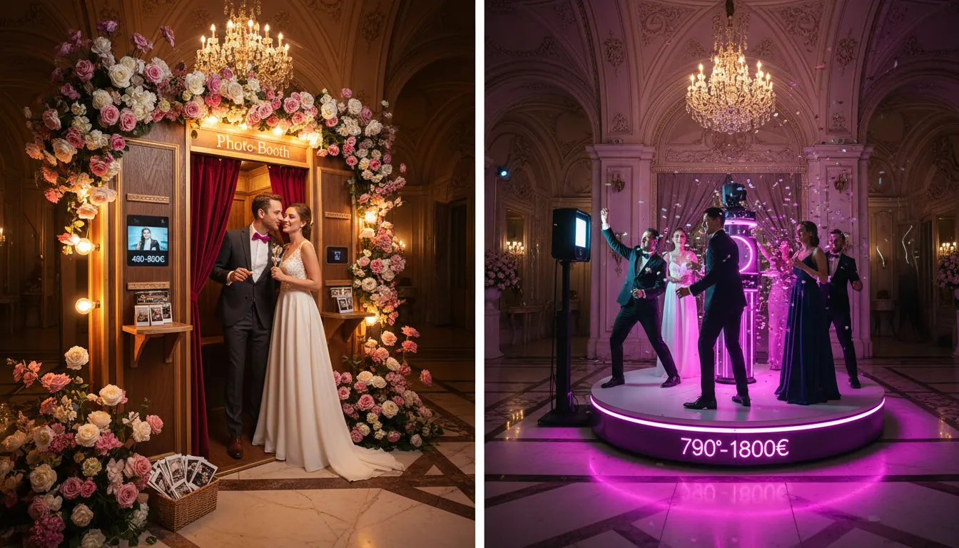 Comparatif prix photobooth mariage — classique avec impressions 490-800€ vs photobooth 360° slow-motion 790-1800€, Flash Events Paris