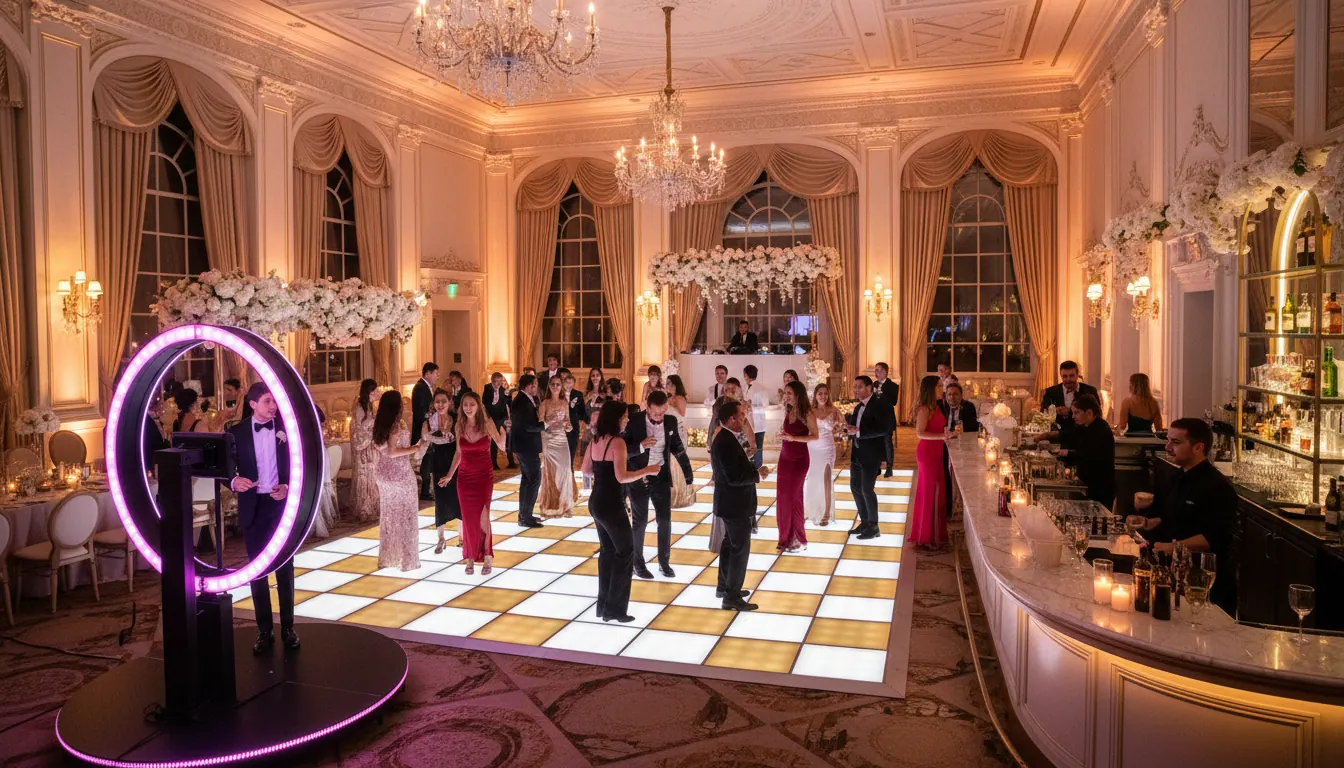 10 idées d'animations originales pour un mariage inoubliable 3 Pack animations mariage — photobooth 360°, piste LED et bar à cocktails combinés en une même réception, impact maximal Flash Events