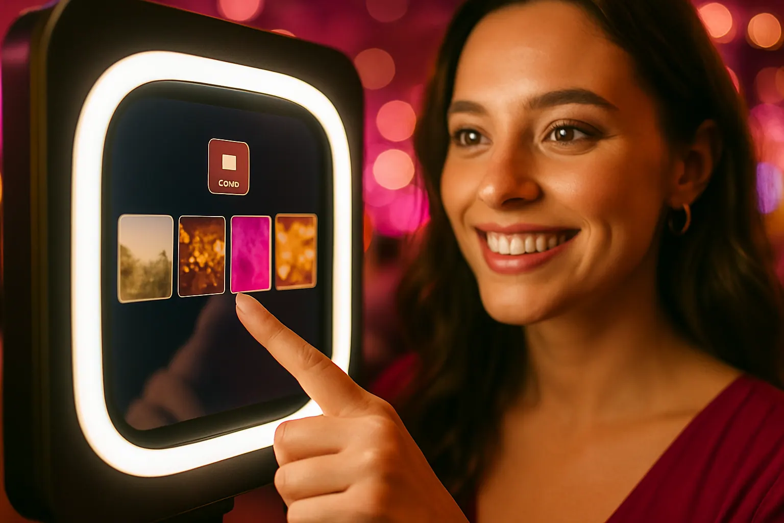 Location videobooth Paris — L'animation vidéo événementielle qui fait le buzz 3 Interface tactile videobooth lors d'un événement d'entreprise à Paris — sélection de filtre et fond brandé