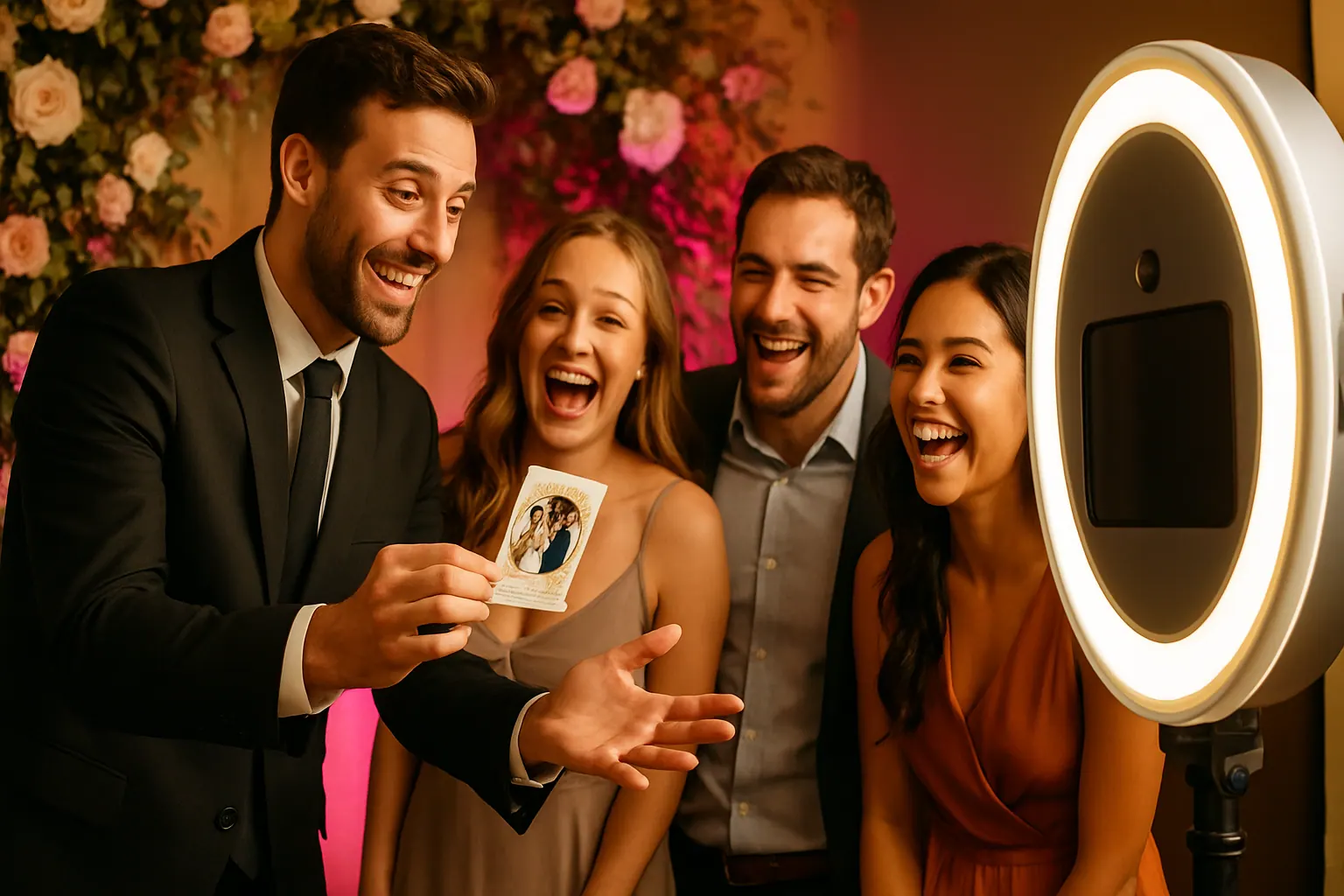 Animateur photobooth mariage professionnel montrant une impression personnalisée aux invités — critère essentiel pour choisir son photobooth, Flash Events Paris