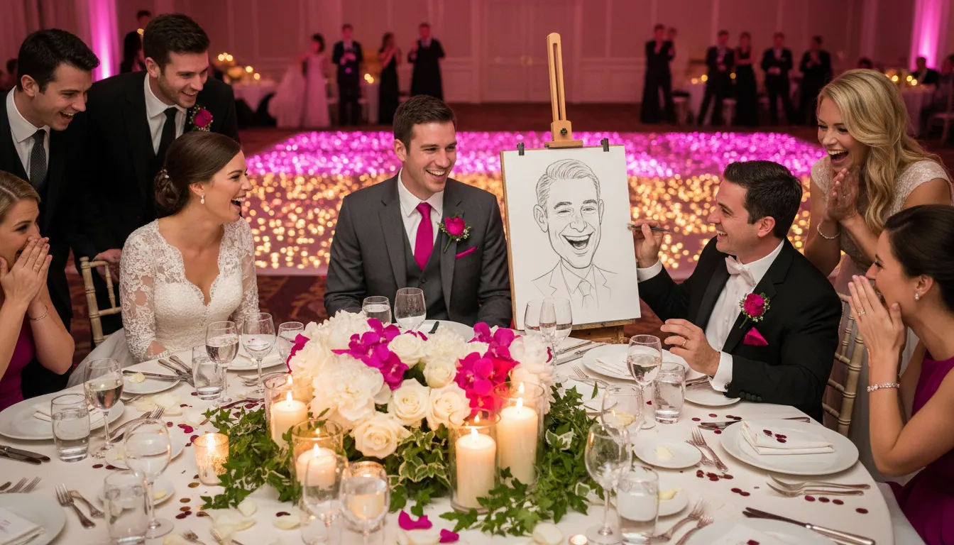10 idées d'animations originales pour un mariage inoubliable 2 Caricaturiste en live mariage — portrait dessiné en direct pendant le dîner, invités souriants, ambiance festive et conviviale Flash Events