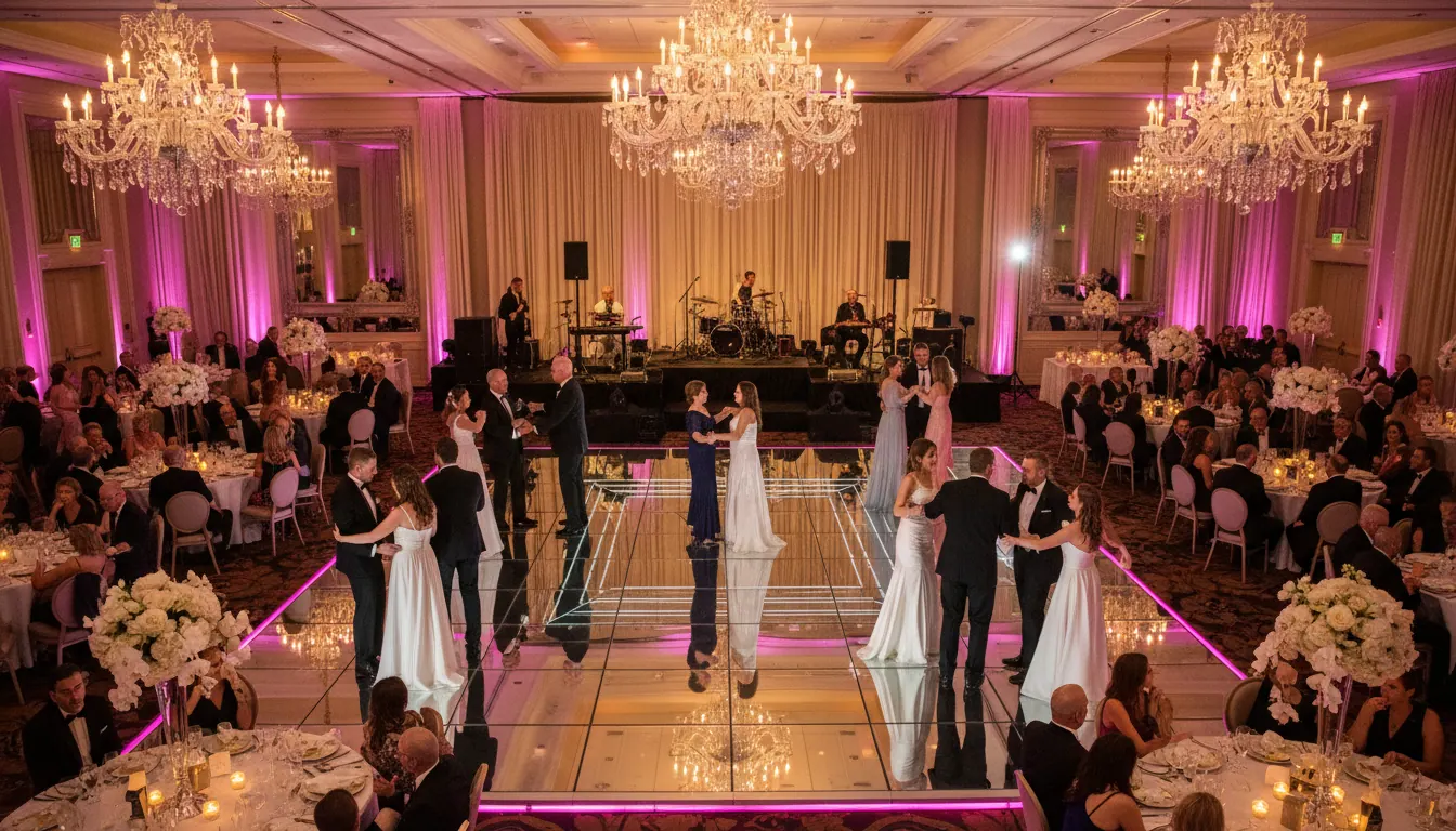 Comment choisir sa piste de danse LED ? 3 Piste de danse LED Infinity Floor mariage ou gala — effet miroir tunnel, danseurs élégants, salle décorée, ambiance premium Flash Events Paris