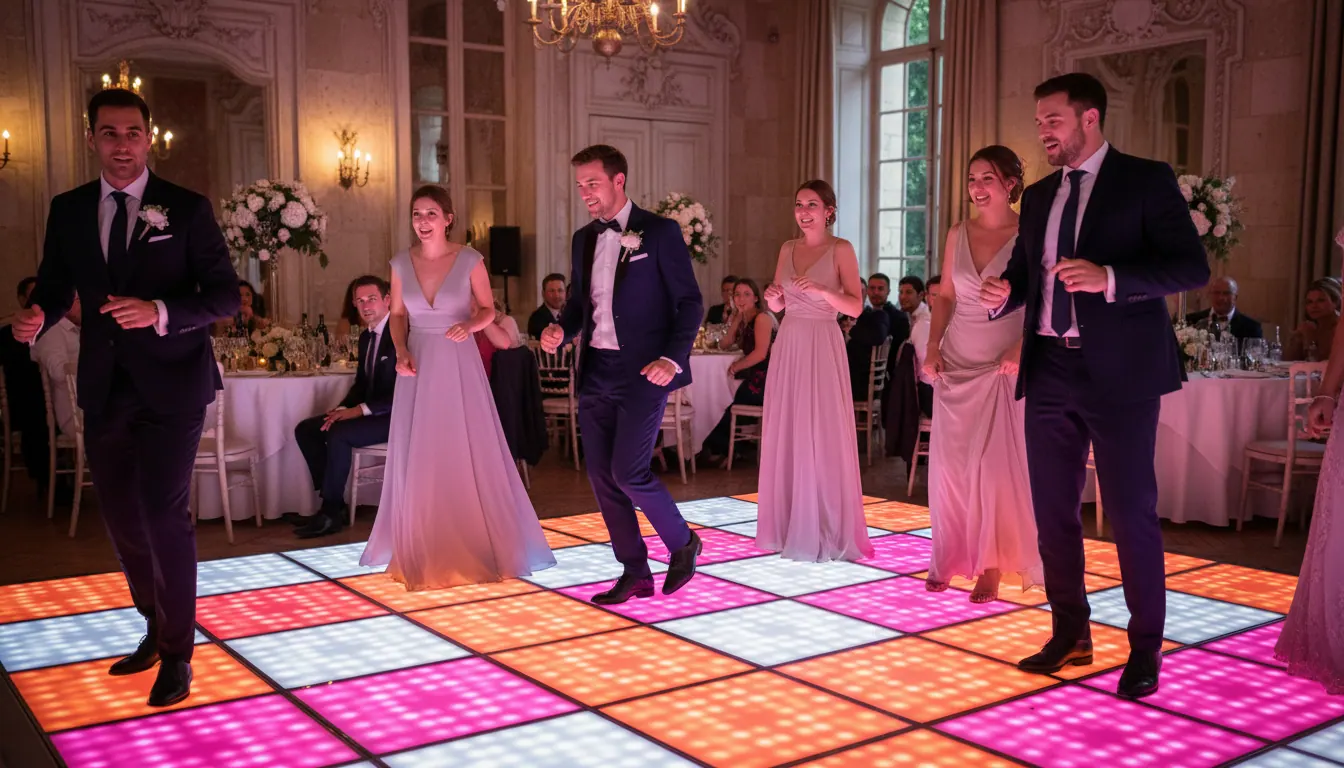 Piste de danse LED mariage attirant les invités — dalles LED fuchsia et orange réagissant à la musique, invités enthousiastes, Flash Events Paris